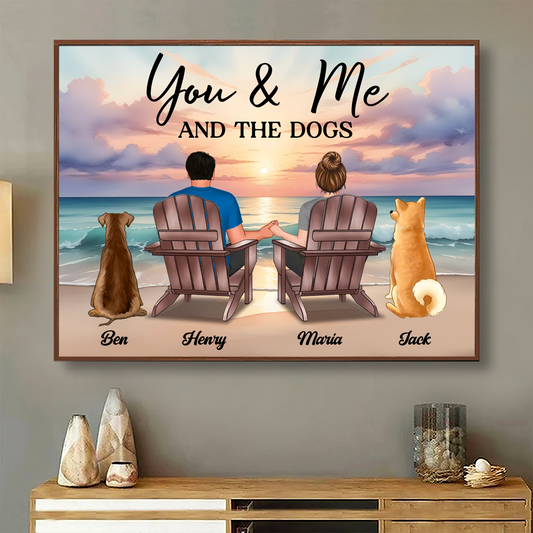 You Me And The Dogs Cats Couple Realistic Beach Landscape Personalized Poster, Birthday Gift, Anniversary Gift, Unique 2024 Christmas Gift For Him, For Her