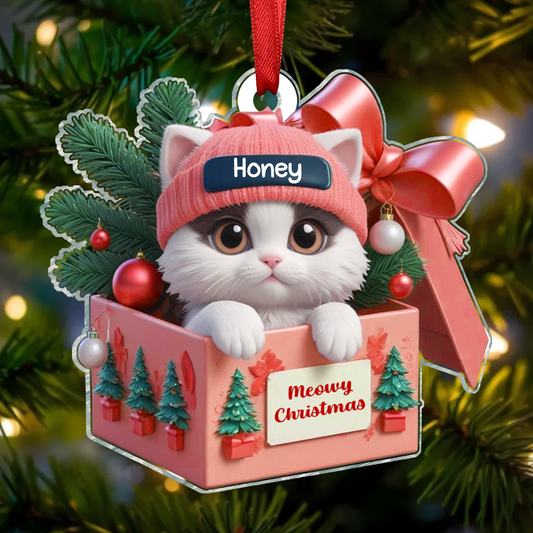 Cute Cat Inside Gift Box Personalized 2D Flat Acrylic Ornament, Christmas Gift for Cat Lovers