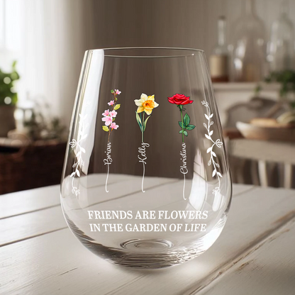 Birth Flower Grow An Old Friend Bestie - Personalized Stemless Wine Glass