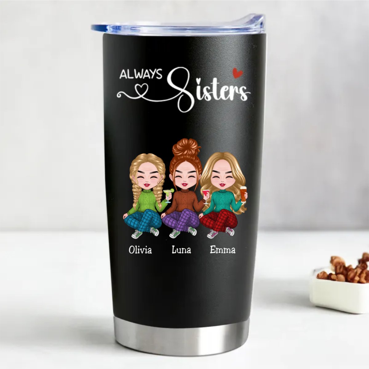 20oz Personalized Stainless Steel Tumbler - Sisters Forever (BL) - Makezbright Gifts