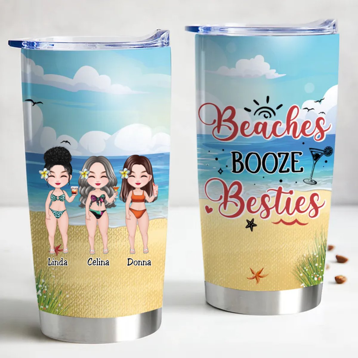 20oz Stainless Steel Insulated Tumbler - Personalized Beaches Booze Besties - Makezbright Gifts