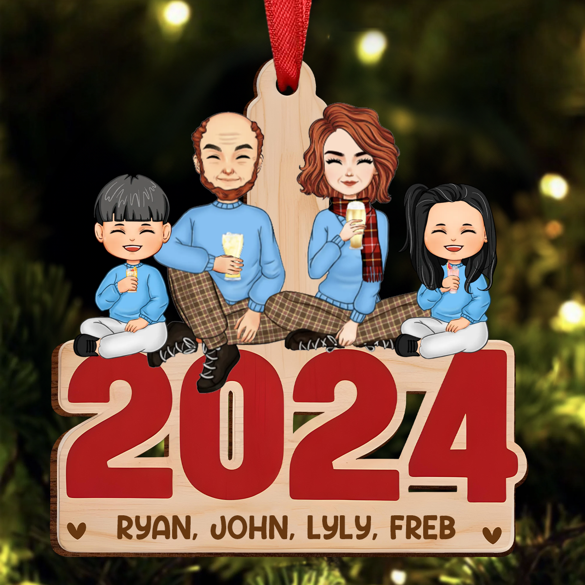 Family Sitting Together - Family Personalized Custom Ornament - Wood Unique Shaped