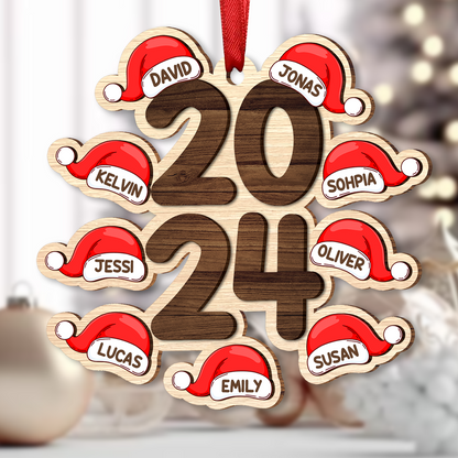 Family Stacked 2024 Santa Hats Personalized Wooden Ornament, Christmas Gift