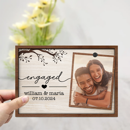 Custom Photo Engaged Married Couple - Personalized 2-Layered Wooden Plaque With Stand