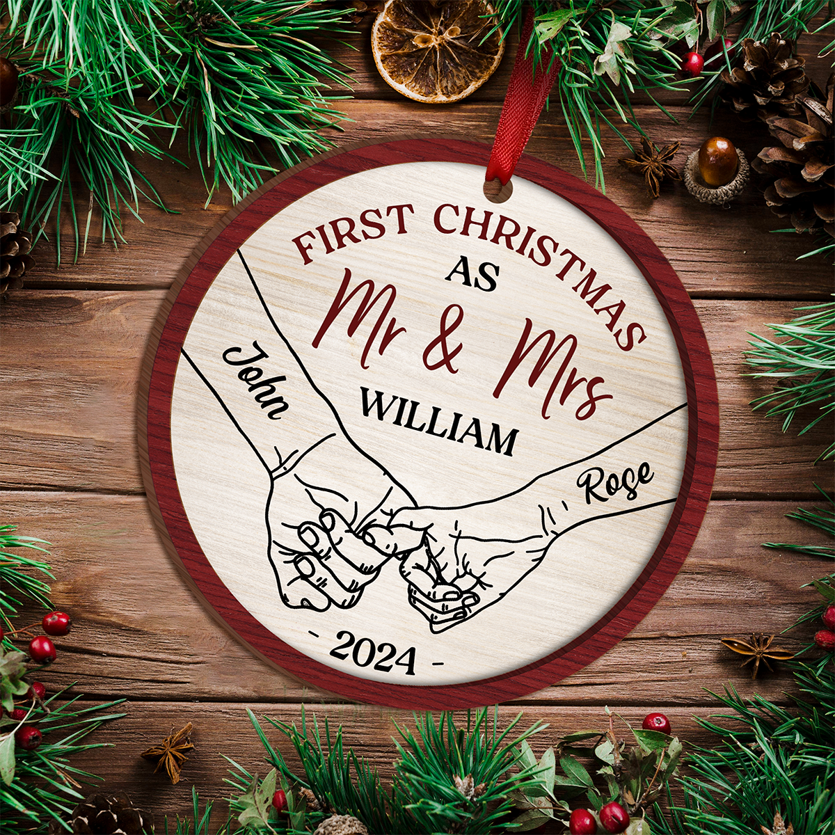 First Christmas As Mr & Mrs Couple Holding Hands - Personalized Wooden Ornament