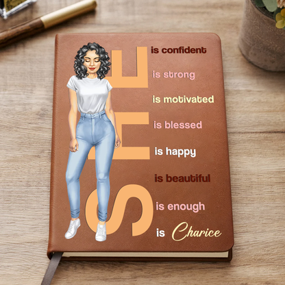 She Is Confident Strong Motivated - Personalized Leather Journal