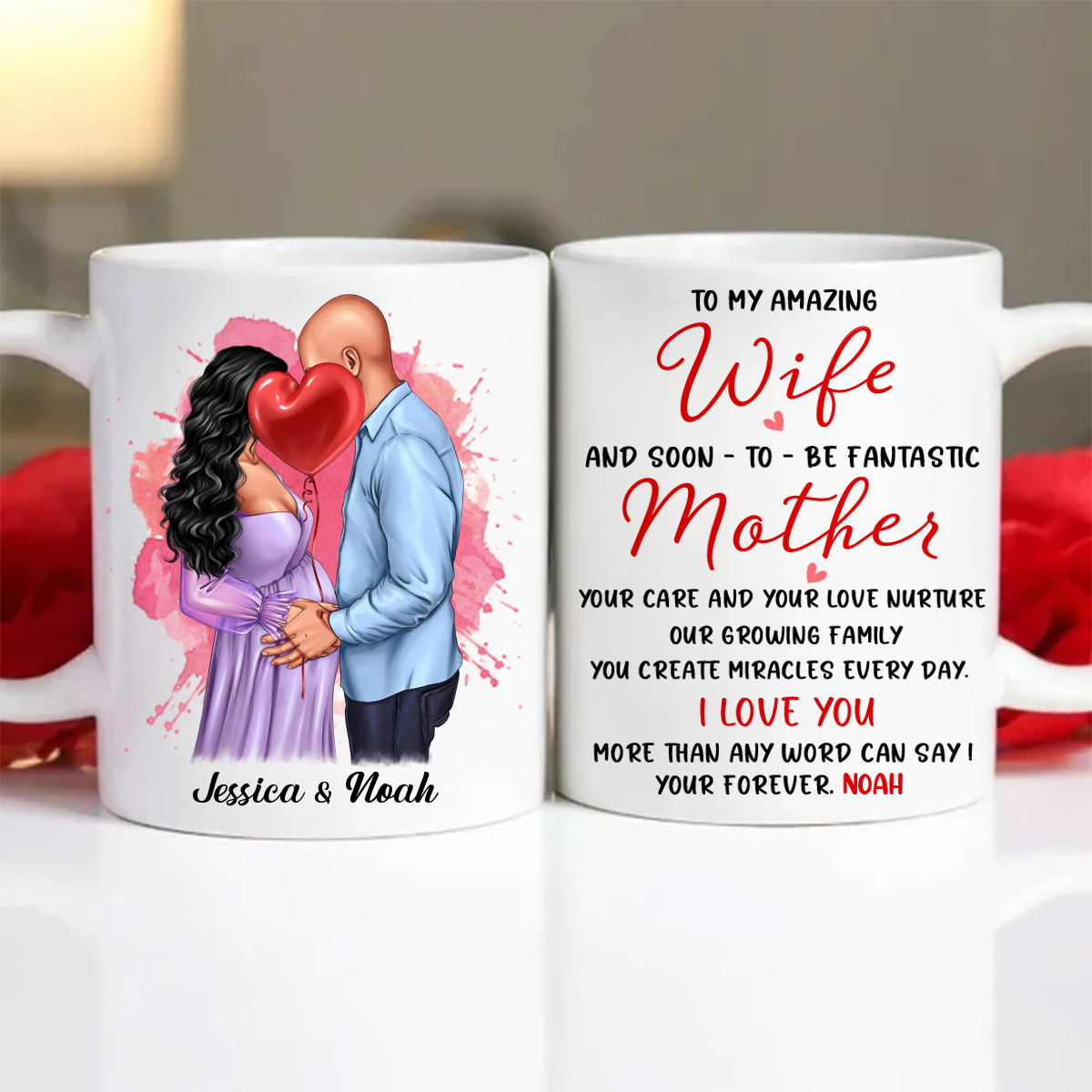 Personalized Valentine Pregnant Wife Mug, Kissing Couple, Expecting From Husband Gift, Mom To Be Vday Gift, Romantic Pregnancy Gift