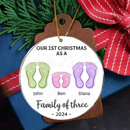 First Christmas As A Family Of Four Footprints - 3D Inflated Effect Printed Ornament, Personalized Circle Ornament