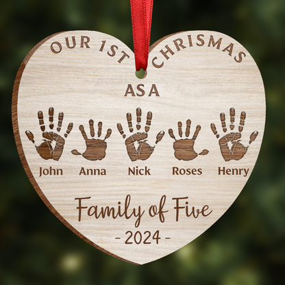 First Christmas As A Family Of Four Handprints - Personalized Custom Shaped Wooden Ornament