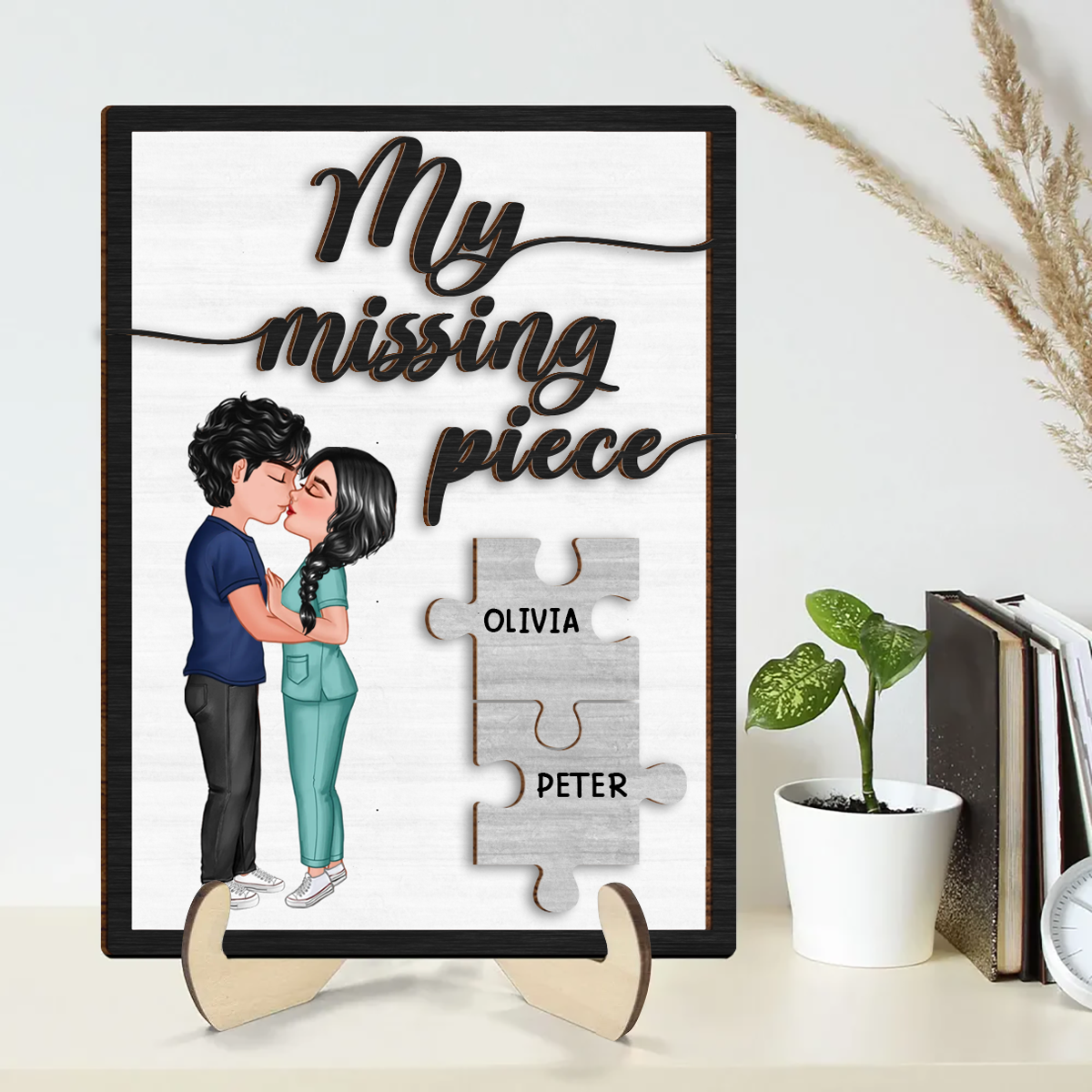 Couple Kissing My Missing Piece Valentine‘s Day Gifts by Occupation Gift For Her Gift For Him Firefighter, Nurse, Police Officer Personalized Wooden Plaque