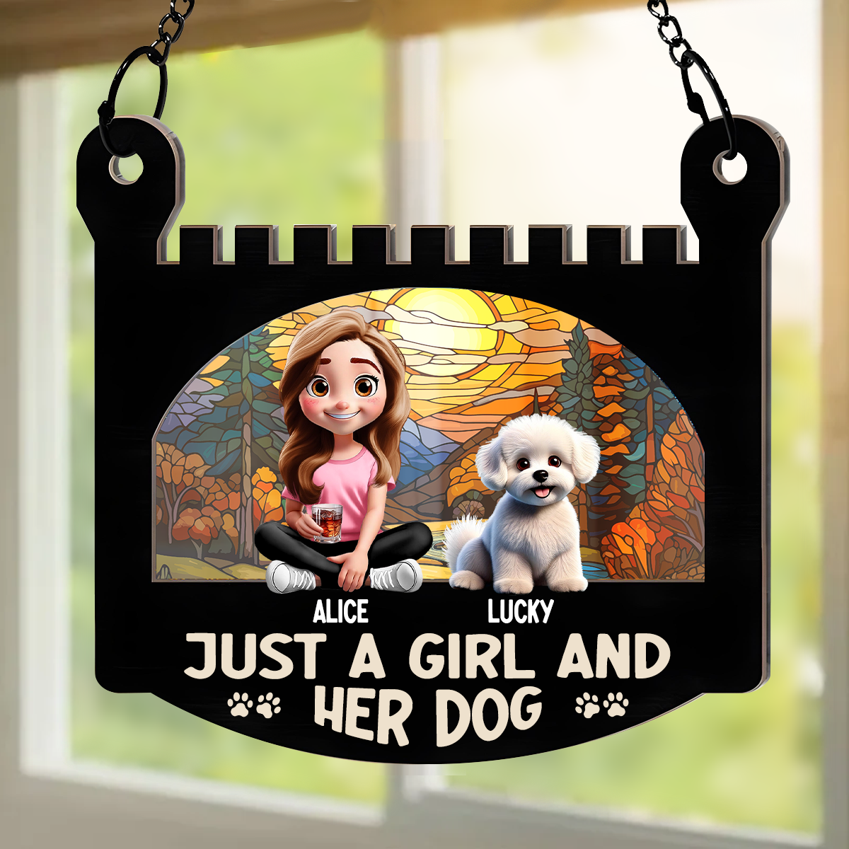 Just A Girl And Her Dog - Personalized Window Hanging Suncatcher Ornament
