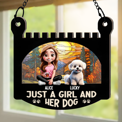 Just A Girl And Her Dog - Personalized Window Hanging Suncatcher Ornament