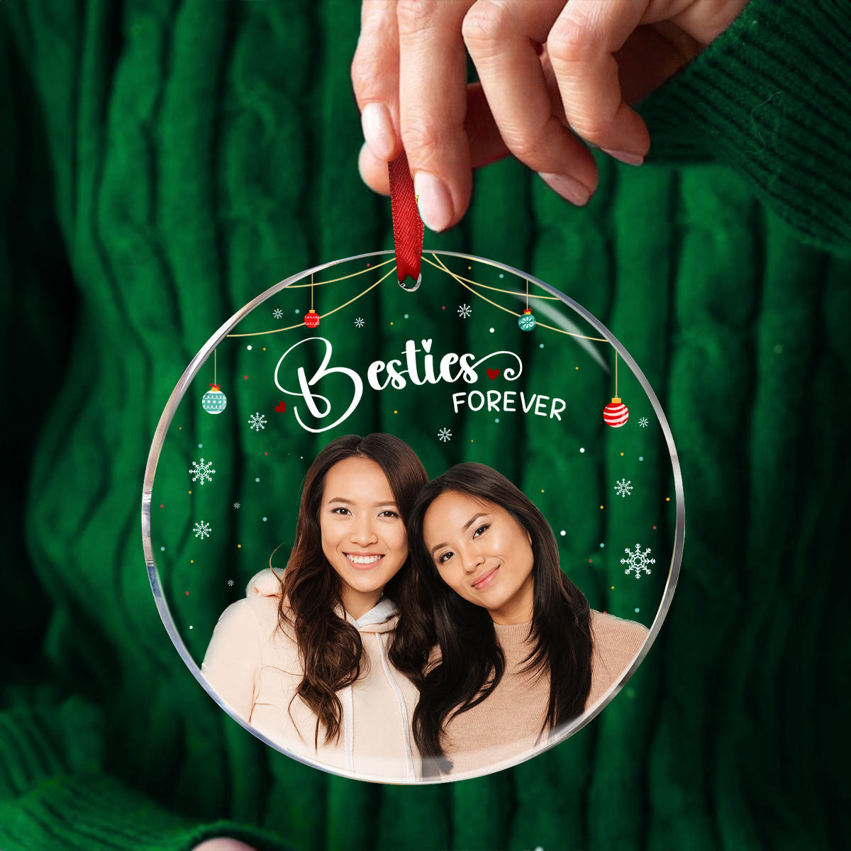 Custom Photo Besties Forever - Bestie Personalized Custom Circle Acrylic Ornament - Christmas Gift For Best Friends, BFF, Sisters, Coworker