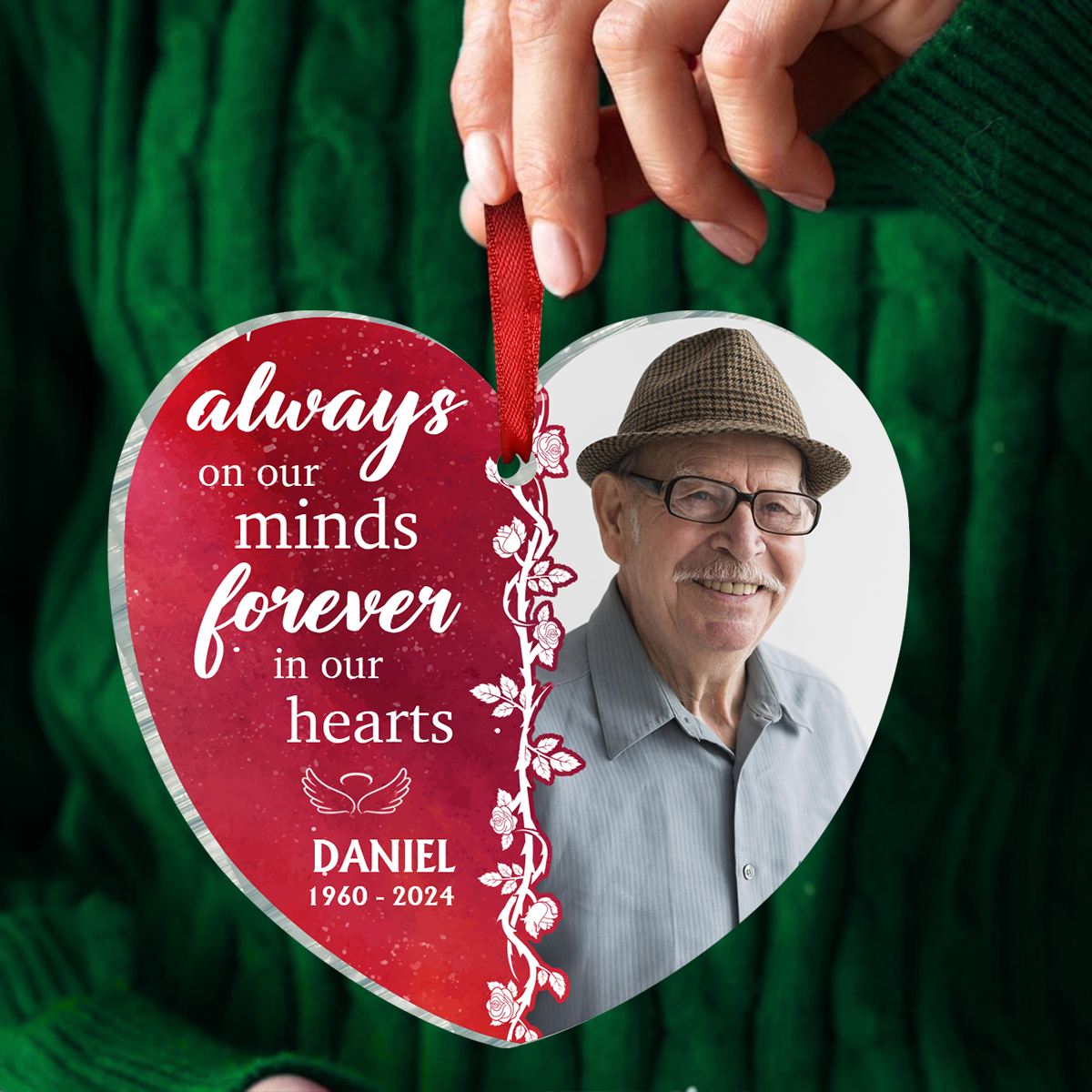 Custom Photo Forever In Our Hearts - Memorial Personalized Custom Ornament - Acrylic Heart Shaped - Christmas Gift, Sympathy Gift For Family Members