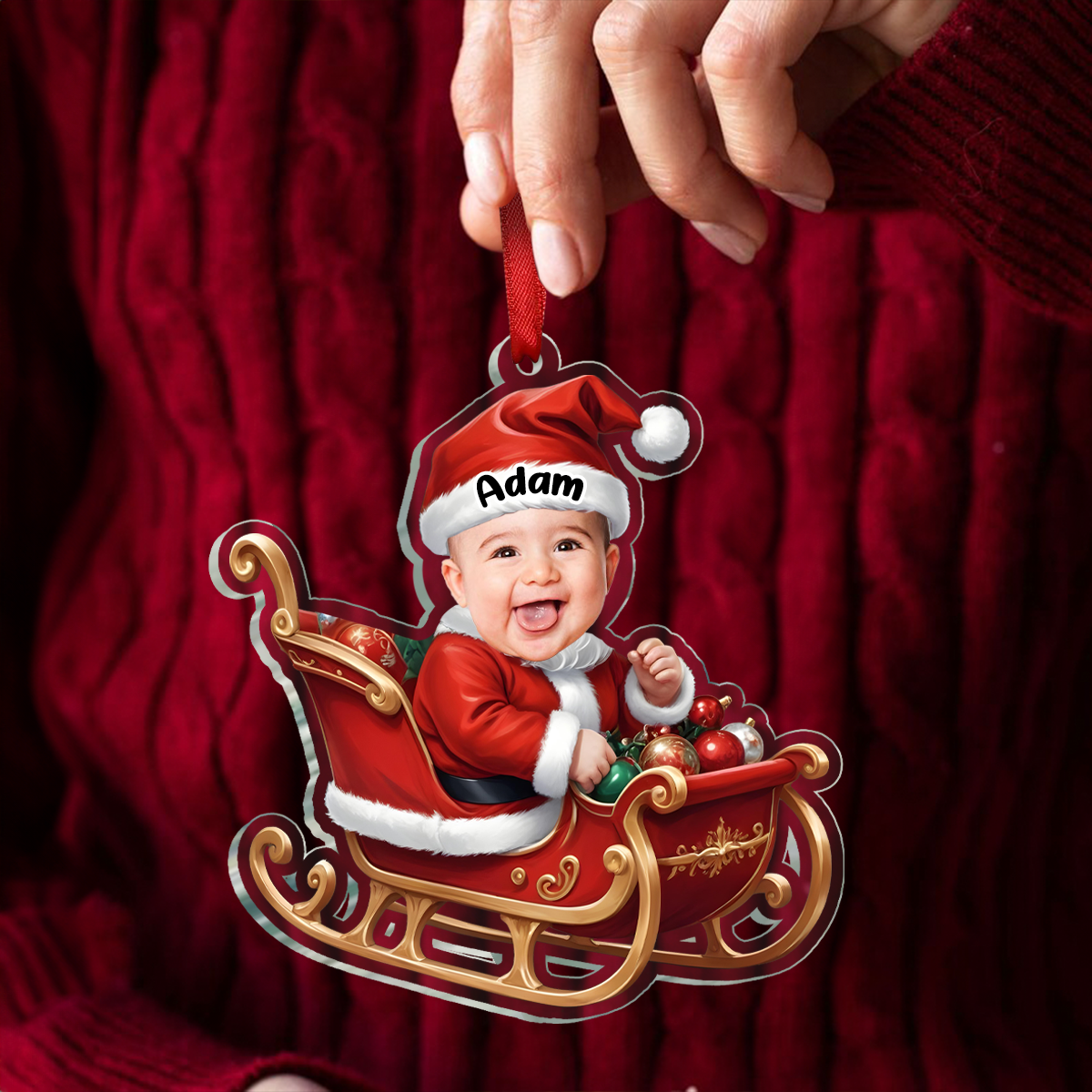 Custom Photo Baby In Sleigh - Personalized Custom Shaped Acrylic Ornament