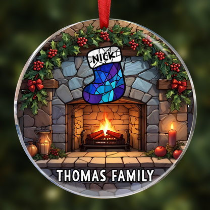 Christmas Stocking On Fireplace Family - Personalized Circle Acrylic Ornament