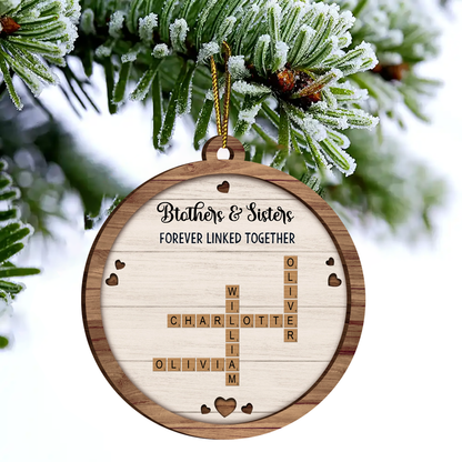 Brothers & Sisters Forever Linked Together Crossword Puzzle Art Personalized Wooden Ornament, Gift For Brothers, Sisters, Siblings, Family