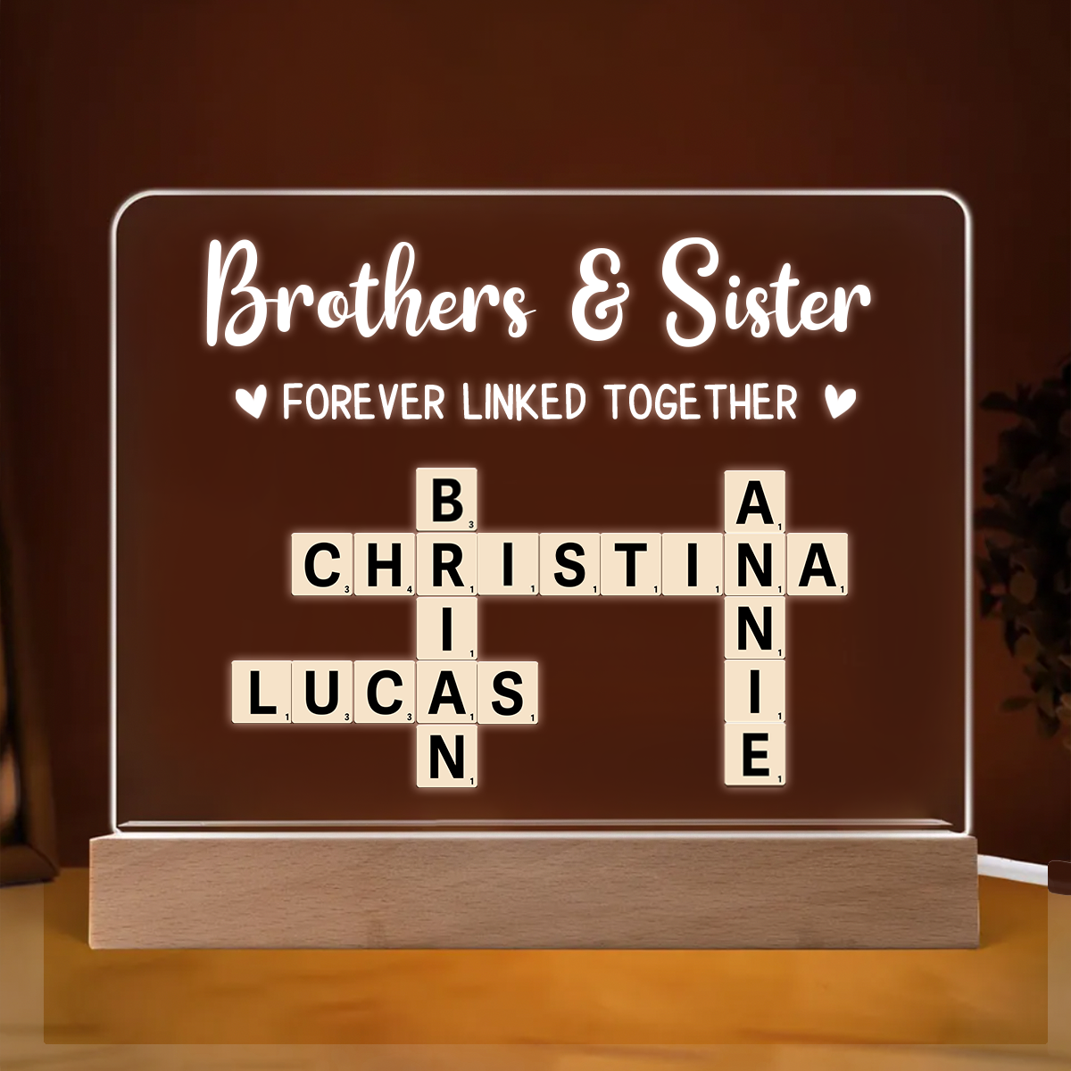 Brothers & Sisters Forever Linked Together Crossword Puzzle Art Personalized Acrylic Warm LED Night Light, Christmas Gift For Brothers, Sisters, Siblings, Family