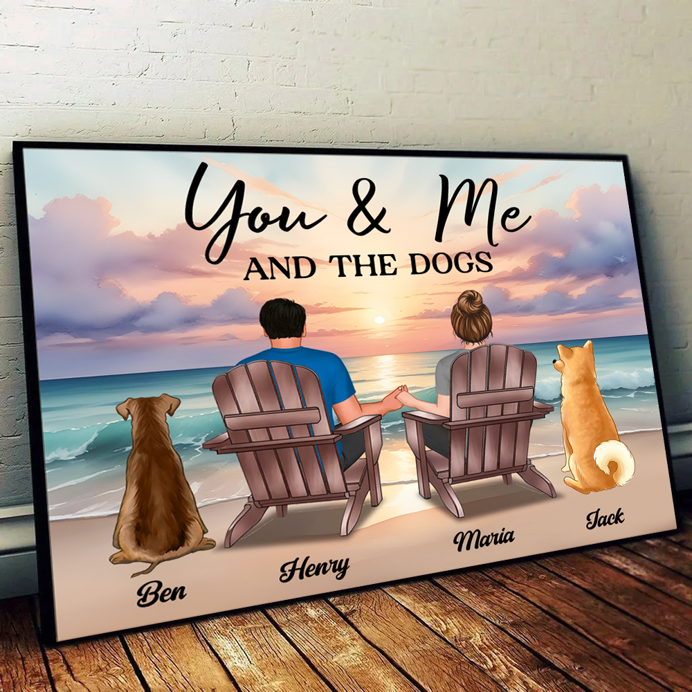 You Me And The Dogs Cats Couple Realistic Beach Landscape Personalized Poster, Birthday Gift, Anniversary Gift, Unique 2024 Christmas Gift For Him, For Her