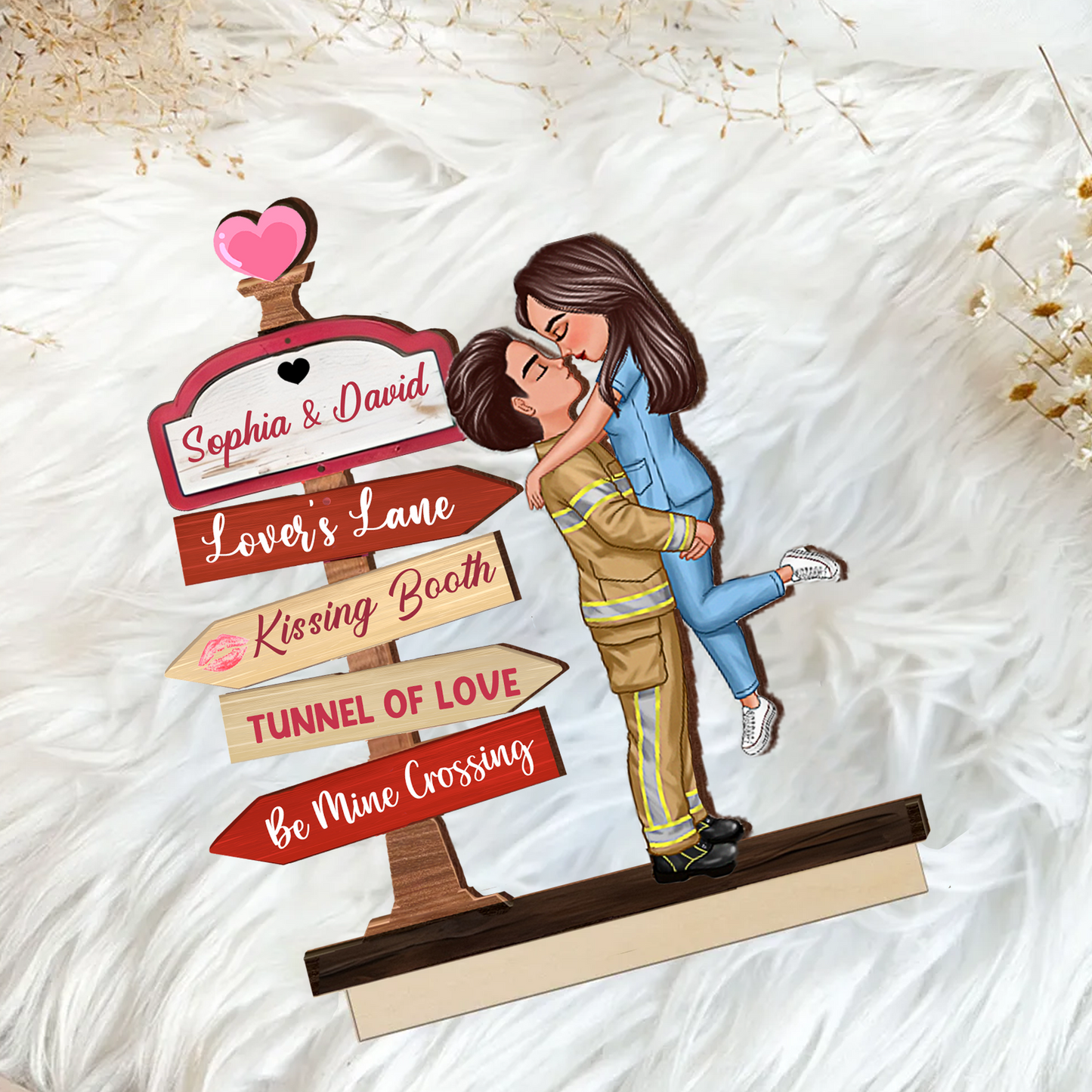 Couple Hugging Kissing Directional Sign Home Decor Personalized 2-Layer Standing Wooden Plaque