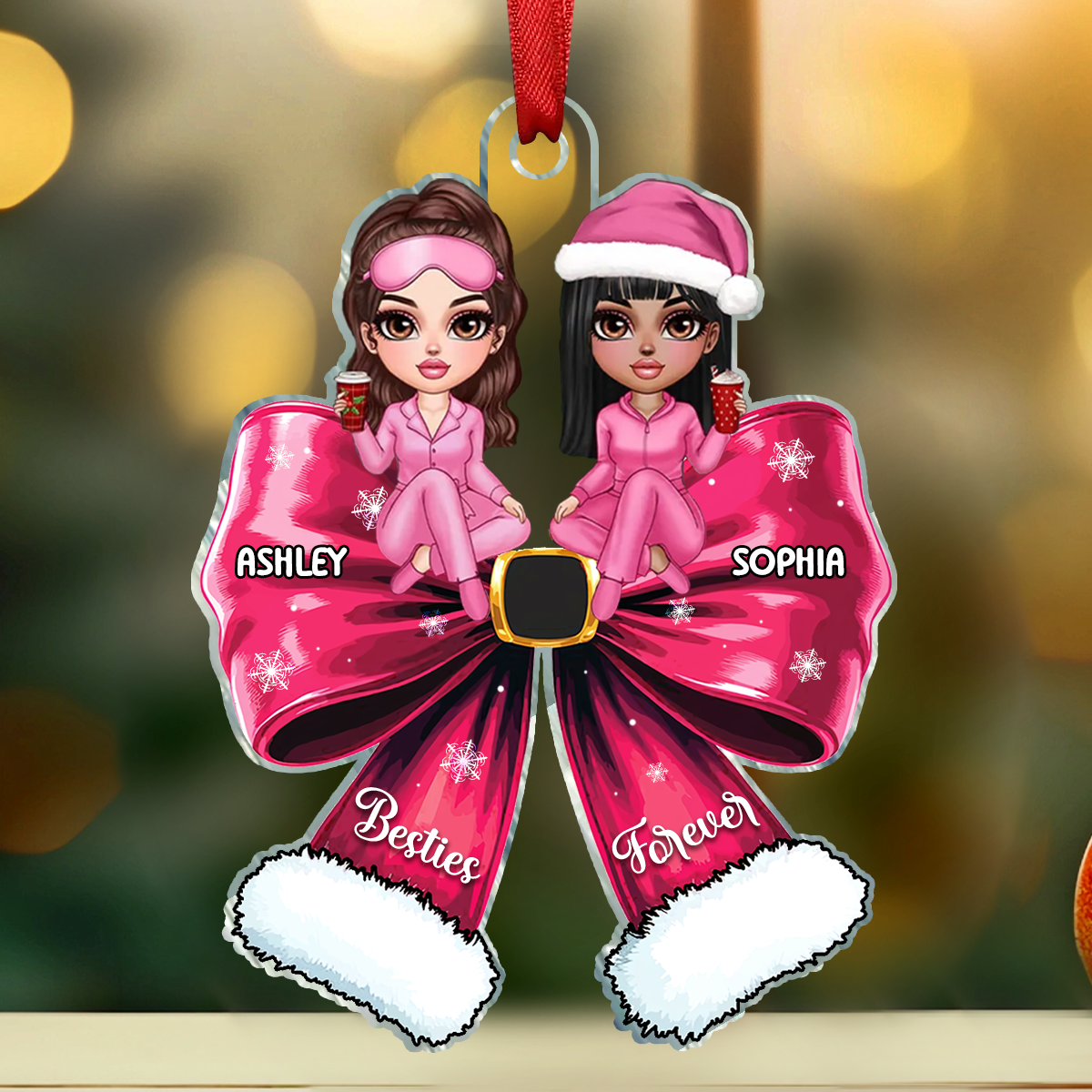 Christmas Coquette Bow Best Friends Personalized Acrylic Ornament, Christmas Gift For Besties