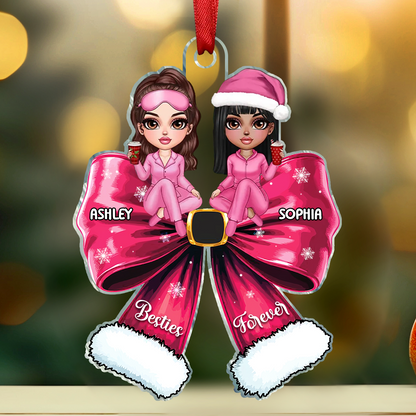 Christmas Coquette Bow Best Friends Personalized Acrylic Ornament, Christmas Gift For Besties