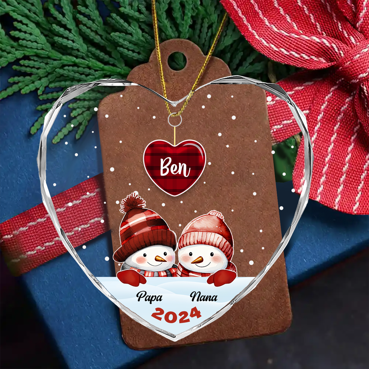 Papa Nana Snowman Christmas Grandparents - Personalized Heart Shaped Acrylic Ornament