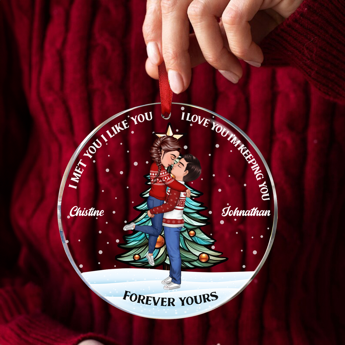 Christmas Couple Kissing Forever Yours - Personalized Circle Acrylic Ornament