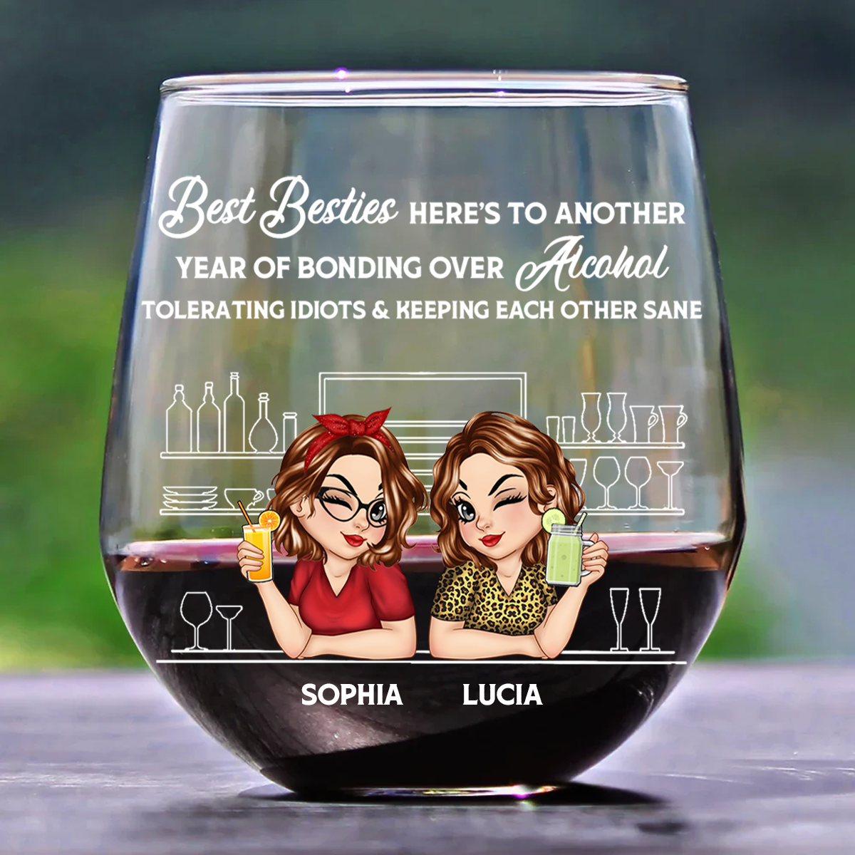 Here's To Another Year Of Bonding Over Alcohol Bestie - Personalized Stemless Wine Glass