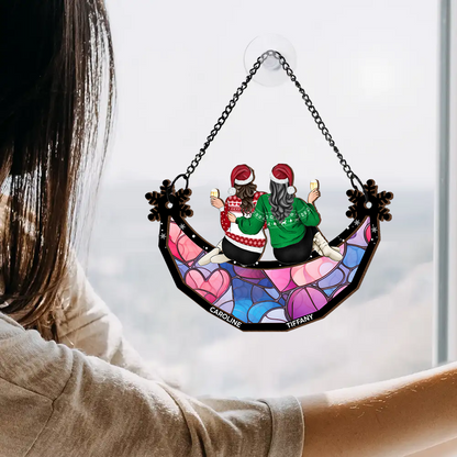 Besties Friends Sisters Sitting Together Snowflakes - Personalized Window Hanging Suncatcher Ornament