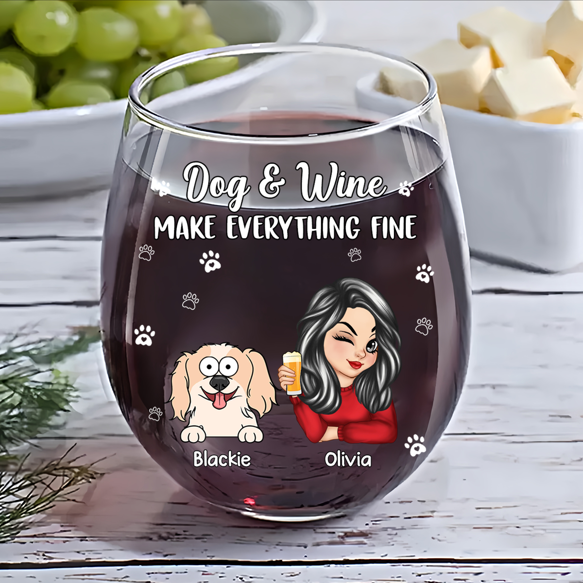 Dogs And Wine Make Everything Fine - Personalized Stemless Wine Glass