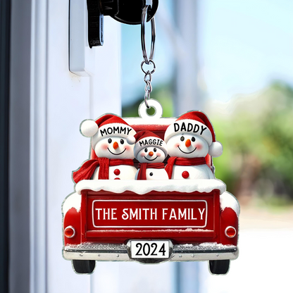 Personalized Snowman Family Acrylic Christmas Ornament, Red Truck Custom Name 3D Effect Ornament