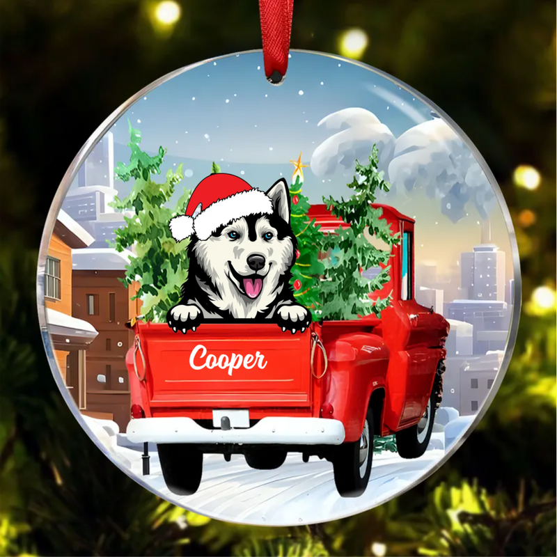 Dog Lovers - Dog Red Truck Christmas - Personalized Circle Ornament