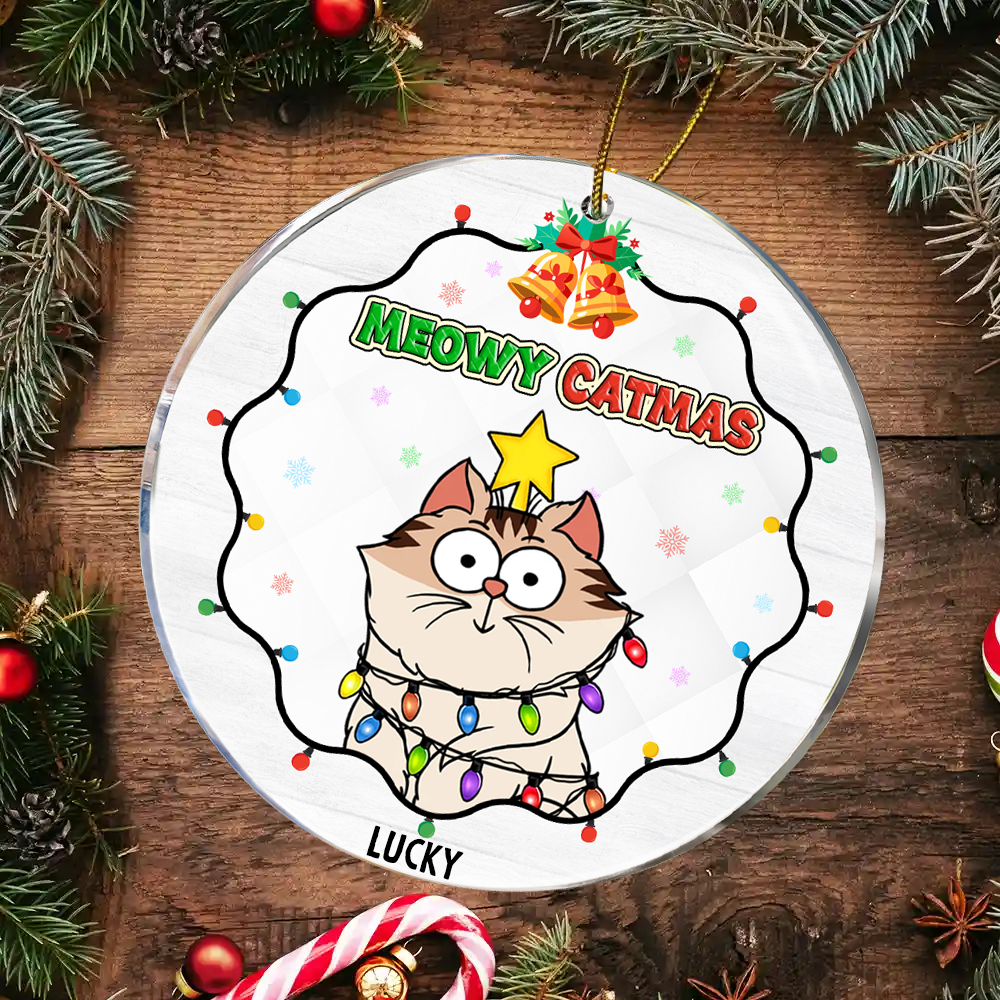 Funny Cats Meowy Catmas - Personalized Circle Acrylic Ornament