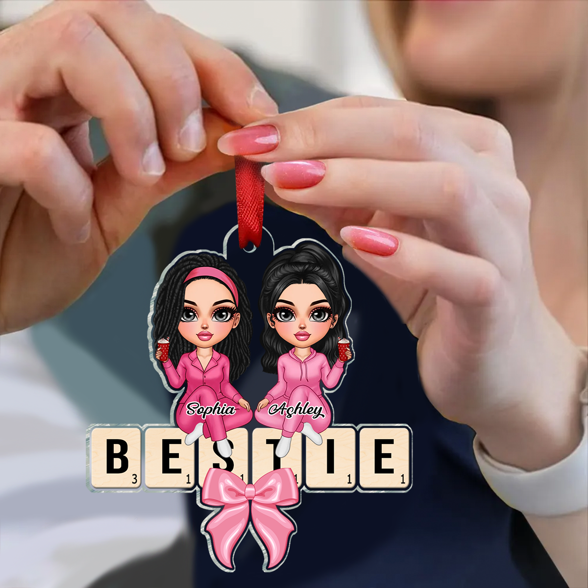 Coquette Besties Sisters Puzzle Art Personalized Acrylic Ornament, Christmas Gift For Besties Sisters Friends