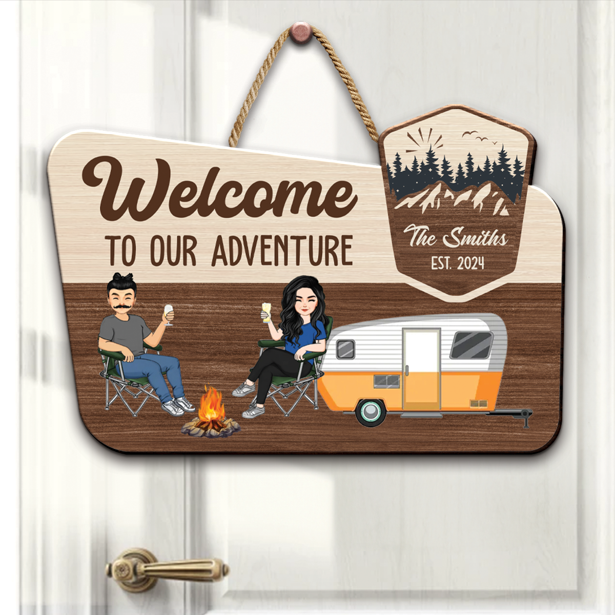 Camping Couple Welcome To Our Adventure - Personalized Custom Shaped Wood Sign