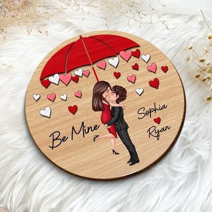 Couple Hugging Kissing Under Umbrella Valentine‘s Day Gift Personalized 2-layer Wooden Plaque