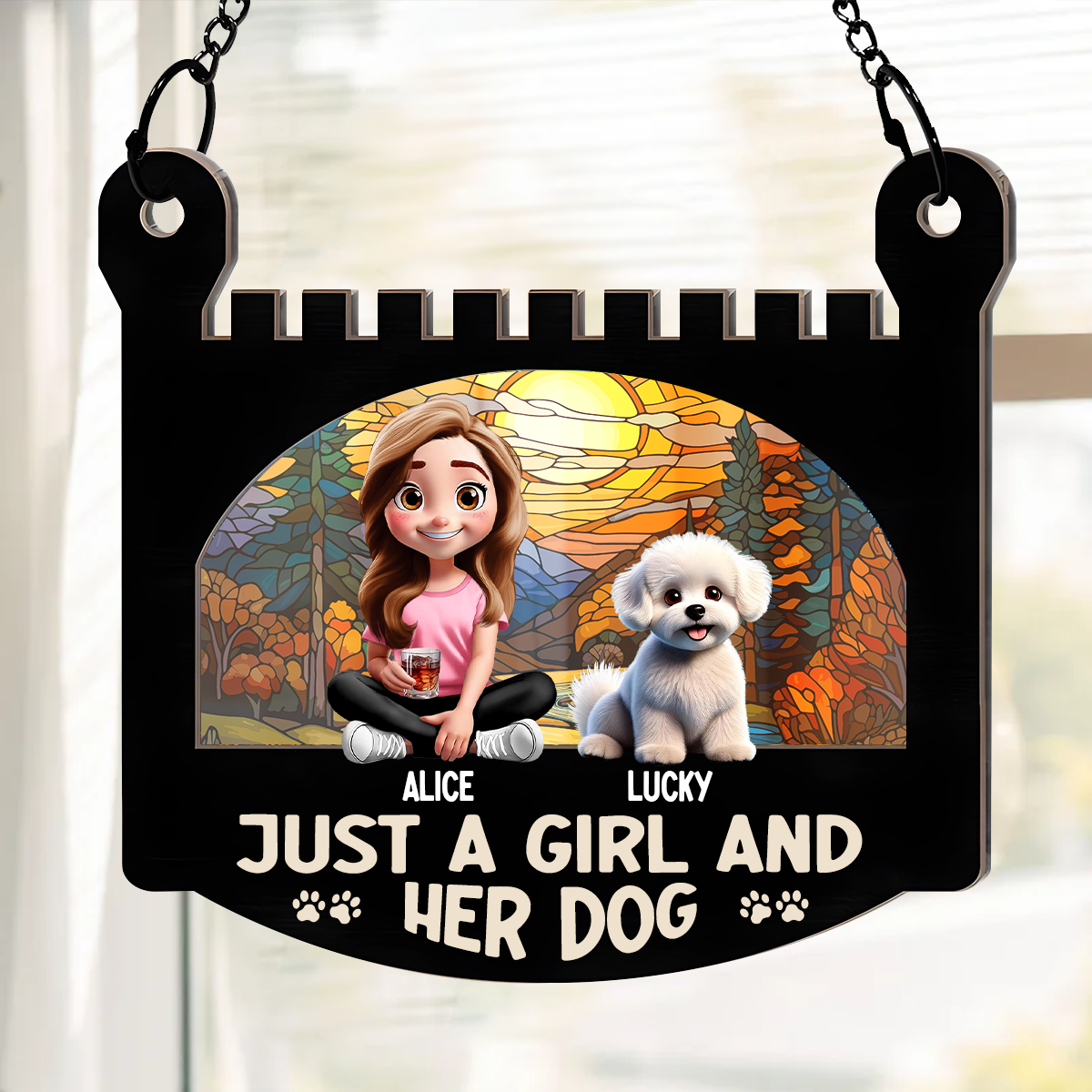 Just A Girl And Her Dog - Personalized Window Hanging Suncatcher Ornament