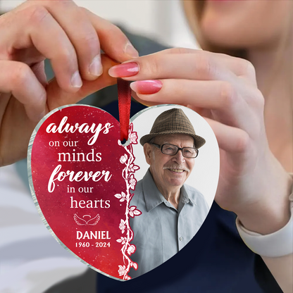 Custom Photo Forever In Our Hearts - Memorial Personalized Custom Ornament - Acrylic Heart Shaped - Christmas Gift, Sympathy Gift For Family Members