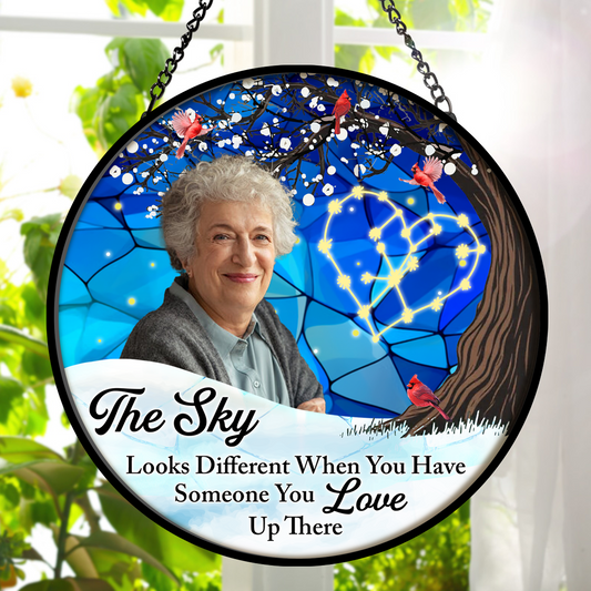 Custom Photo The Sky Looks Different Memorial Family - Personalized Stained Glass Window Hanging Suncatcher