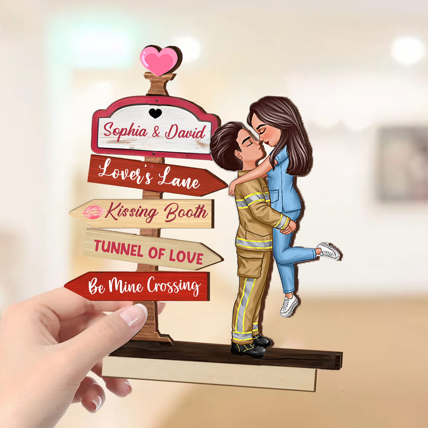 Couple Hugging Kissing Directional Sign Home Decor Personalized 2-Layer Standing Wooden Plaque
