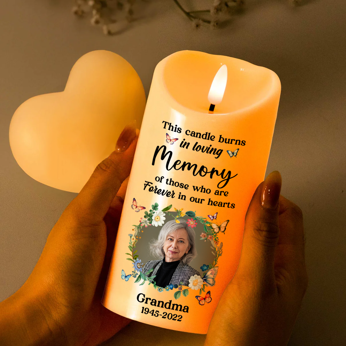 Custom Photo This Candle Burns In Loving Memory - Memorial Personalized Custom LED Candle - Christmas Gift, Sympathy Gift For Family Members