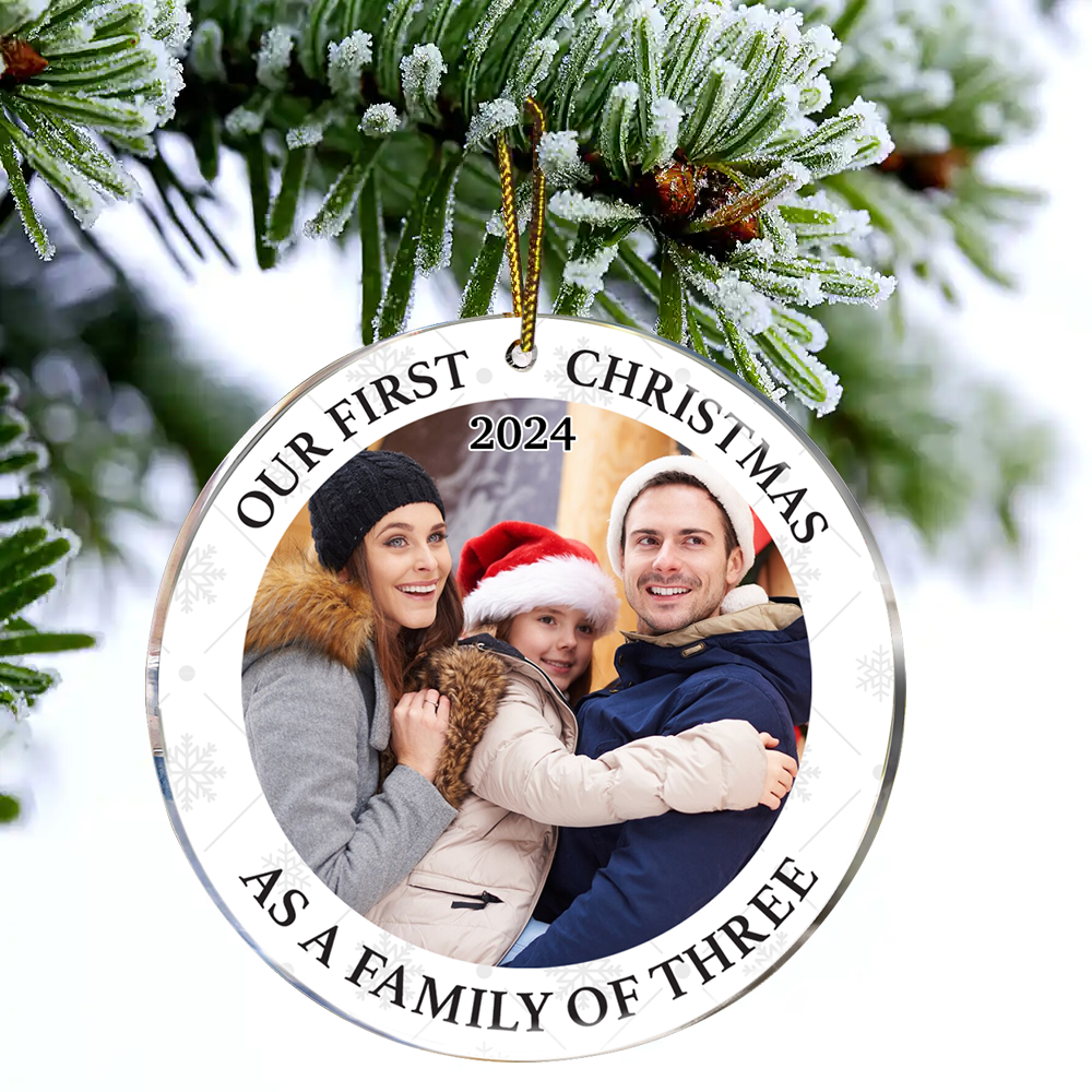 Custom Photo First Christmas As A Family Of Three New Parents - Personalized Circle Acrylic Ornament