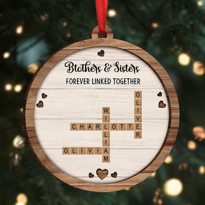 Brothers & Sisters Forever Linked Together Crossword Puzzle Art Personalized Wooden Ornament, Gift For Brothers, Sisters, Siblings, Family