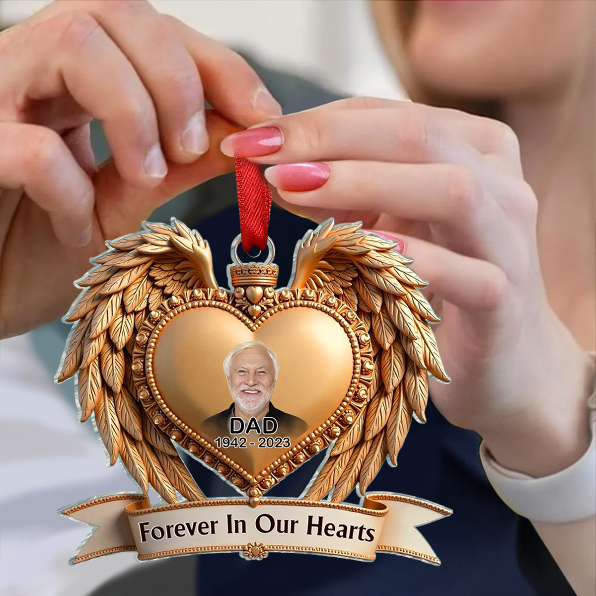 Forever In Our Hearts Angel Wings Photo Upload Memorial 3D Effect Personalized Acrylic Flat Ornament