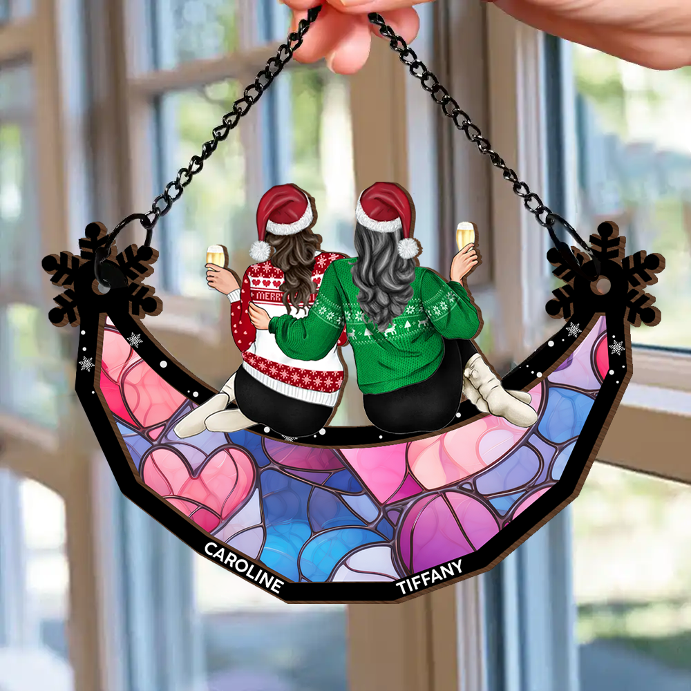 Besties Friends Sisters Sitting Together Snowflakes - Personalized Window Hanging Suncatcher Ornament