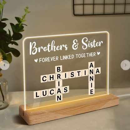 Brothers & Sisters Forever Linked Together Crossword Puzzle Art Personalized Acrylic Warm LED Night Light, Christmas Gift For Brothers, Sisters, Siblings, Family