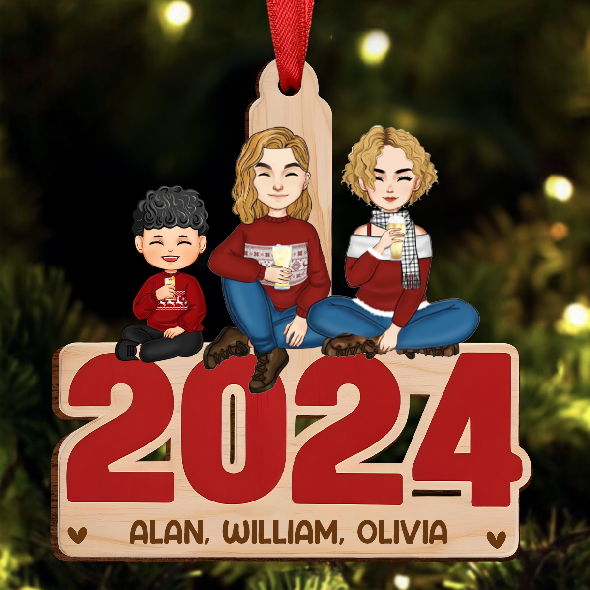 Family Sitting Together - Family Personalized Custom Ornament - Wood Unique Shaped