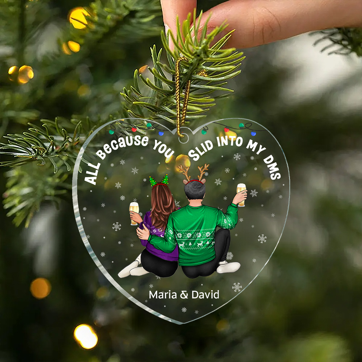 All Because You Slid Into My DMs Christmas Couple - Personalized Heart Shaped Acylic Ornament