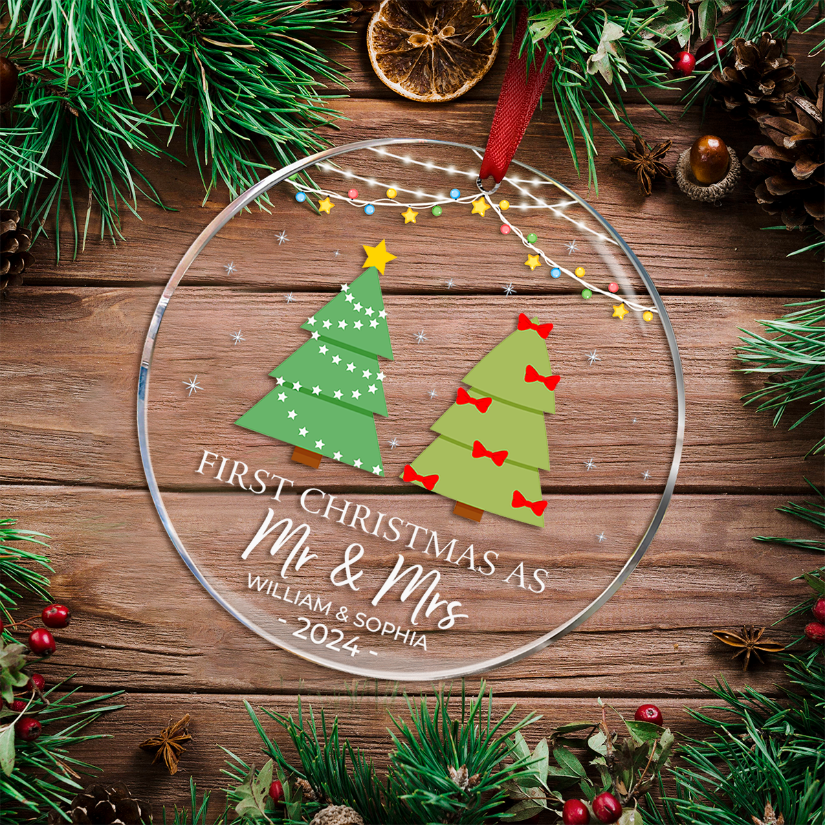 Christmas Tree First Christmas Married - Personalized Circle Acrylic Ornament